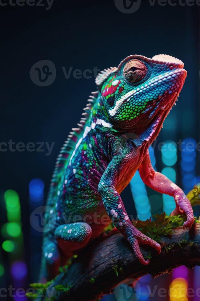 A vibrant chameleon perched on a branch, showcasing colorful patterns against a blurred background. photo