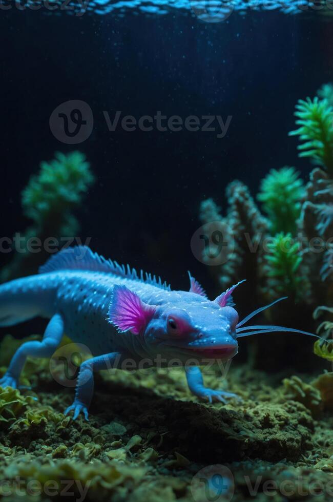 A vibrant aquatic creature with pink features exploring a coral-like environment. photo