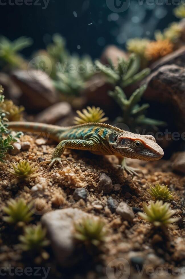 A colorful lizard on a textured surface surrounded by small plants and rocks. photo