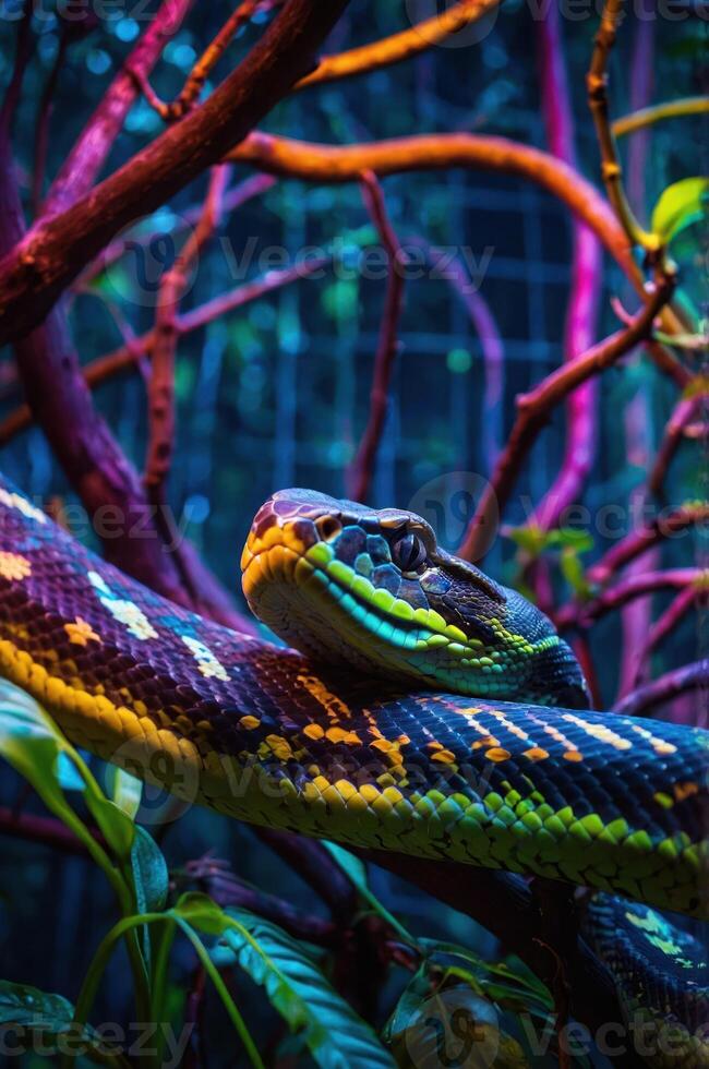 A vibrant snake resting on colorful branches in a lush environment. photo