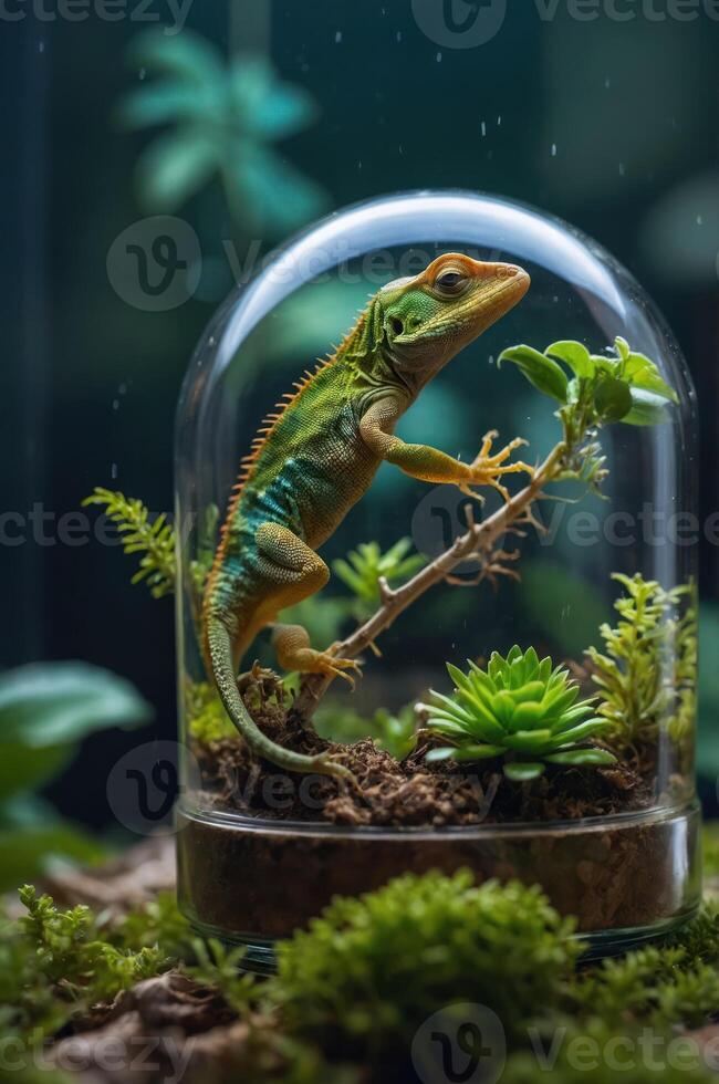 A vibrant lizard inside a glass dome with plants, showcasing a miniature ecosystem. photo