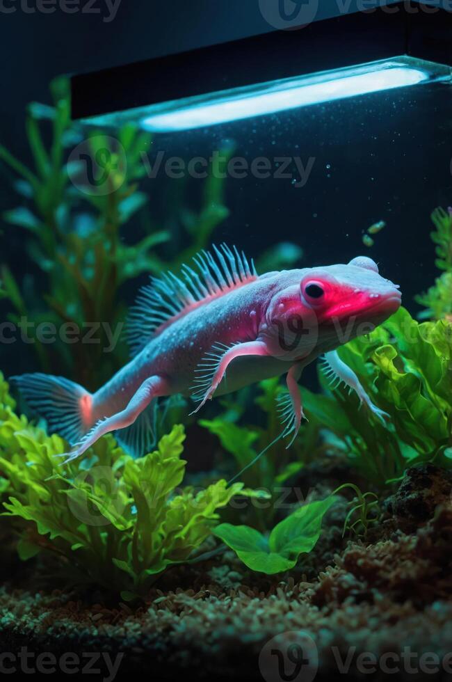 A vibrant fish swimming in a well-planted aquarium under artificial lighting. photo