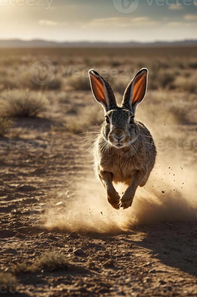 A rabbit sprinting across a dusty landscape during sunset, creating a dynamic and lively scene. photo