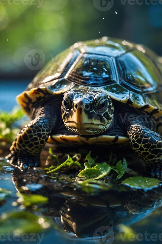 A close-up of a turtle on leaves near water, showcasing its intricate shell and reflection. photo