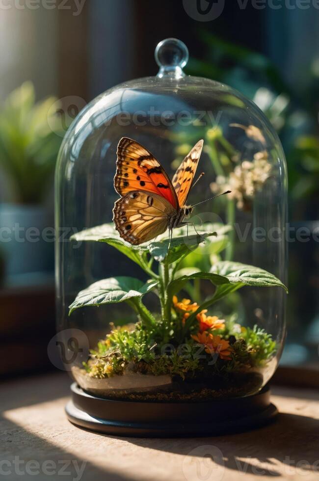 A butterfly under a glass dome, resting on plants and moss, showcasing nature's beauty. photo