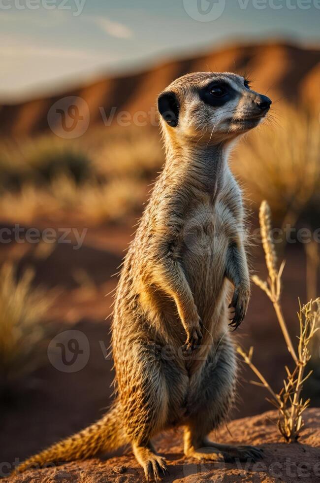 A meerkat stands alert in a desert landscape during sunset, showcasing its natural behavior. photo