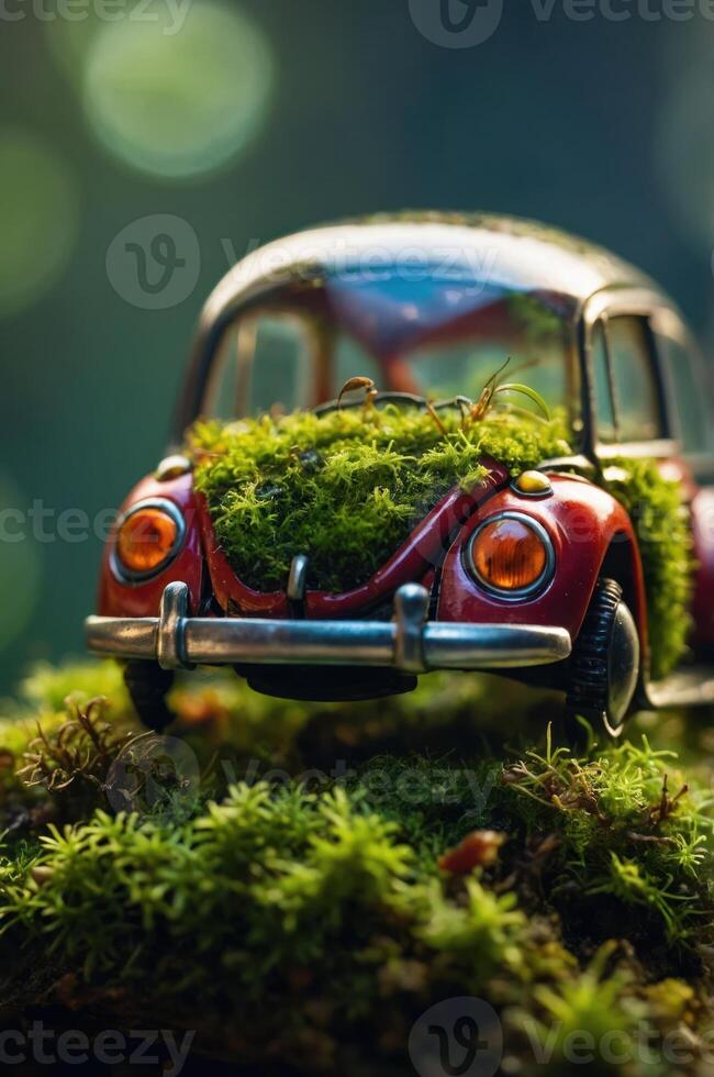 A miniature red car adorned with moss, set in a lush, green environment. photo