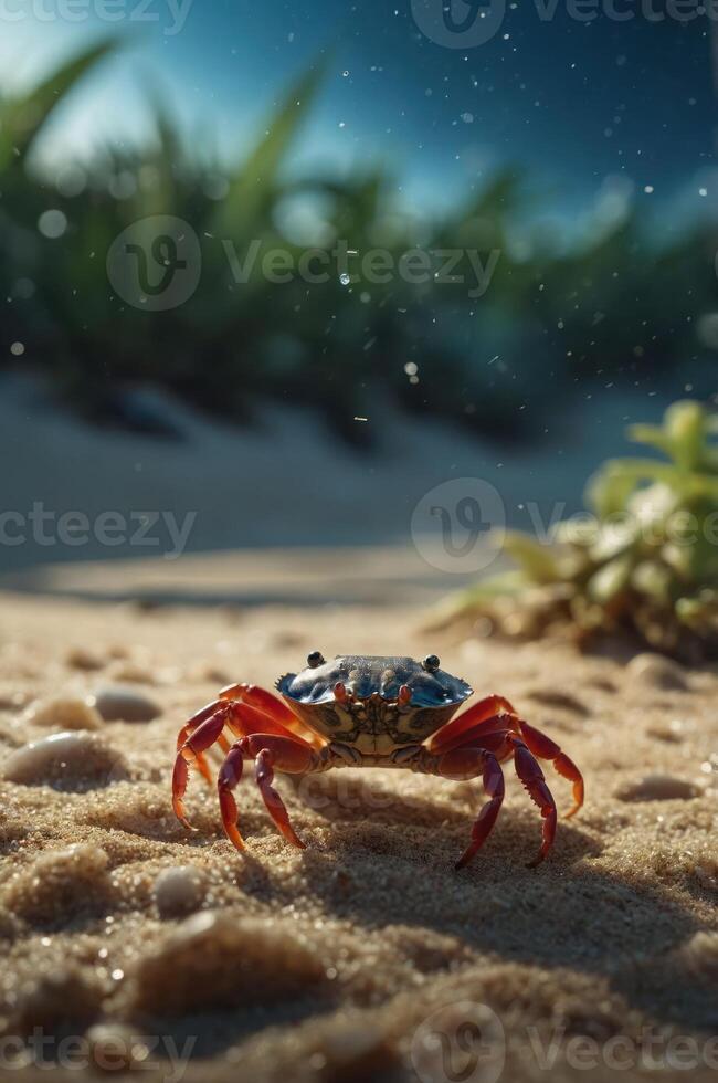 A close-up of a crab on sandy terrain, surrounded by lush vegetation. photo
