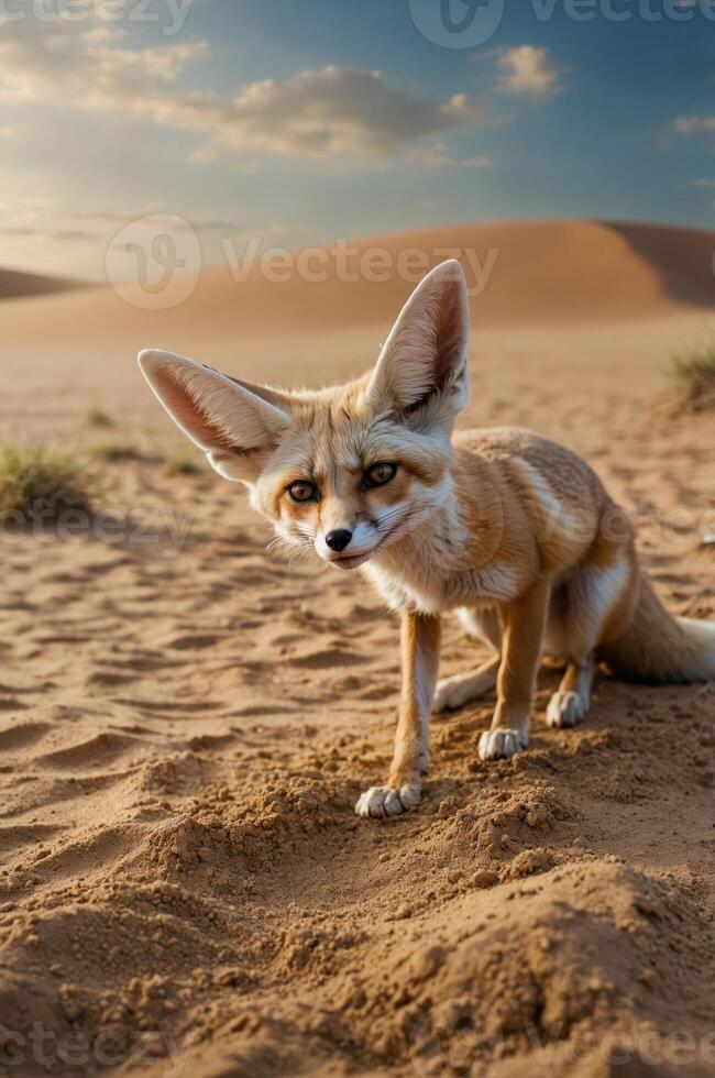 A fennec fox in a desert landscape, showcasing its large ears and curious expression. photo