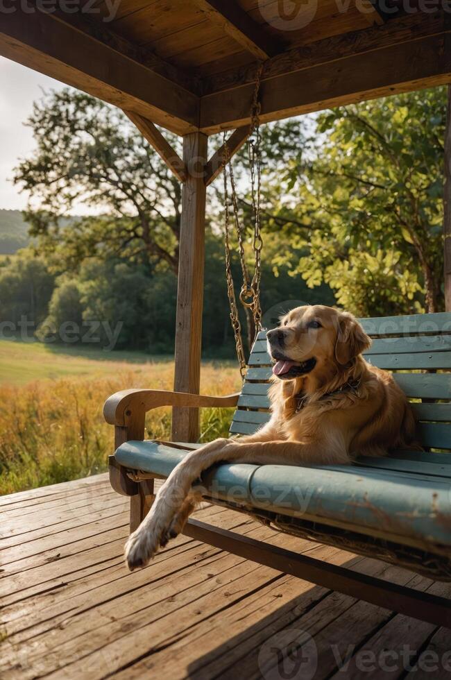 A golden retriever relaxes on a porch swing in a serene, natural setting. photo