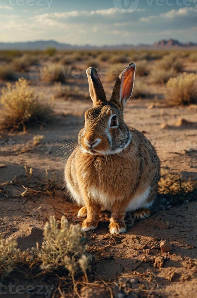 A rabbit sits in a desert landscape surrounded by sparse vegetation under a blue sky. photo