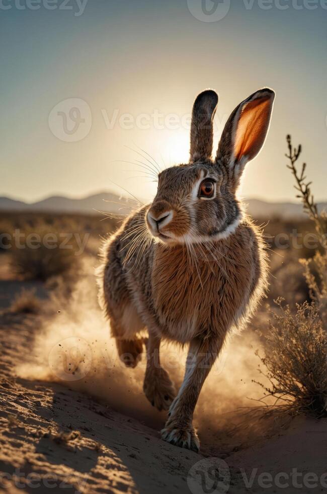 A running rabbit kicks up dust against a desert backdrop during sunset. photo