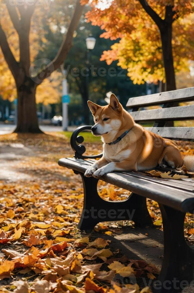A serene dog resting on a park bench surrounded by autumn leaves and trees. photo