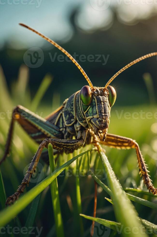 A close-up of a grasshopper resting on blades of grass in a natural setting. photo