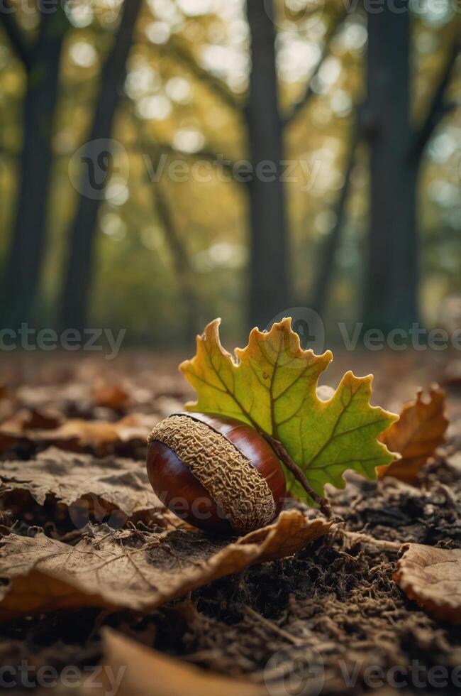 An acorn rests on the ground beside a leaf, surrounded by autumn foliage in a forest. photo