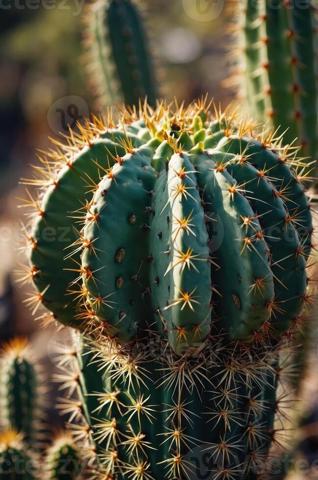 A close-up of a spiky cactus with multiple green segments and sharp thorns. photo