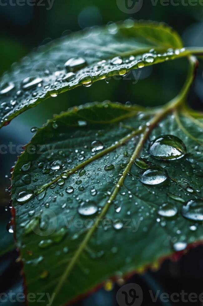 Close-up of wet leaves with water droplets, showcasing nature's beauty and detail. photo