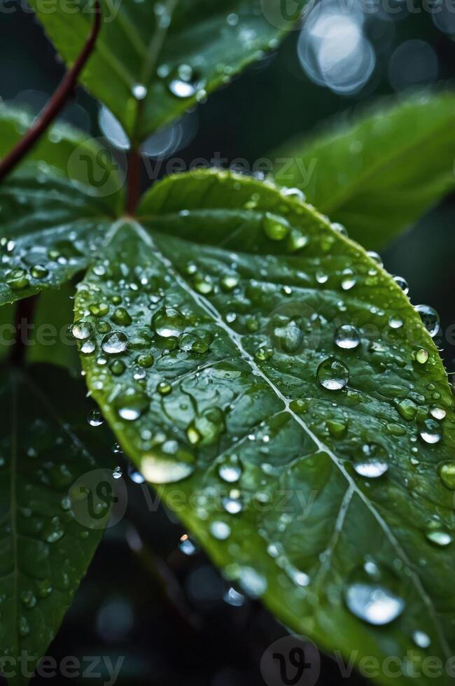 Close-up of green leaves adorned with water droplets, showcasing nature's beauty. photo