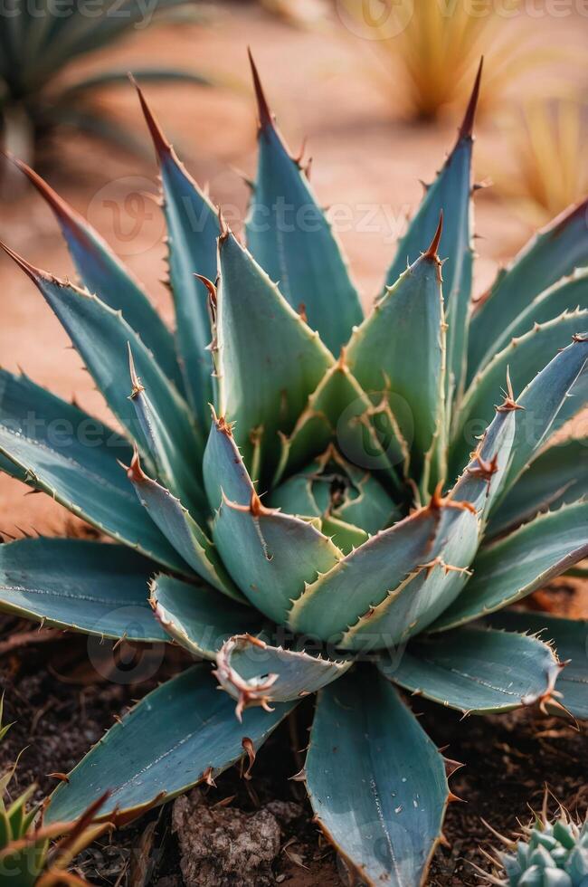 A close-up of an agave plant showcasing its sharp, spiky leaves in a desert environment. photo