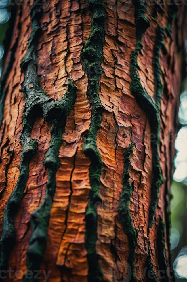 Close-up of a textured tree trunk showcasing vibrant orange and green hues. photo