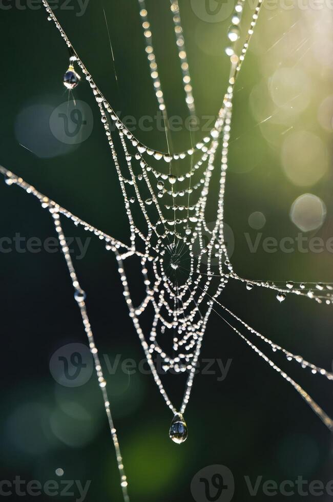 A close-up of a spider web adorned with dew drops, glistening in soft light. photo