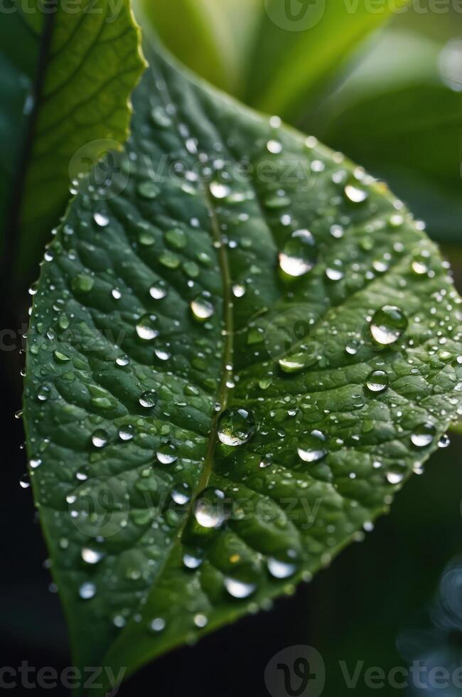 Close-up of a green leaf adorned with water droplets, highlighting nature's beauty. photo