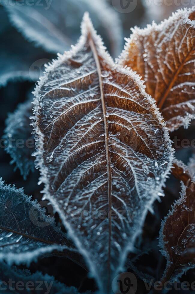 Frost-covered leaves glisten in the light, showcasing intricate patterns and textures. photo