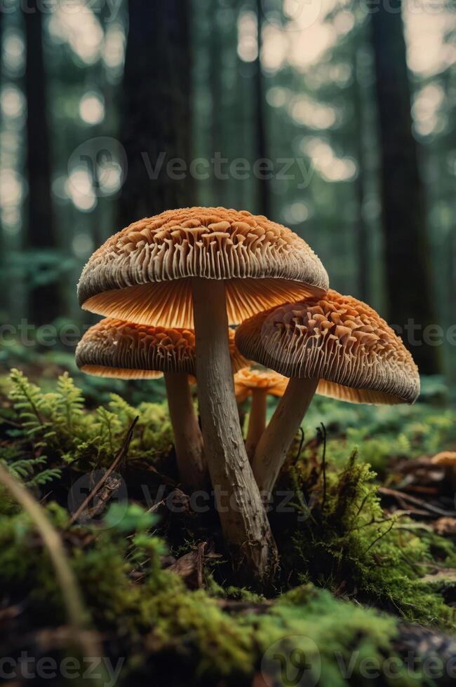 Three mushrooms grow amidst lush green moss in a serene forest setting. photo