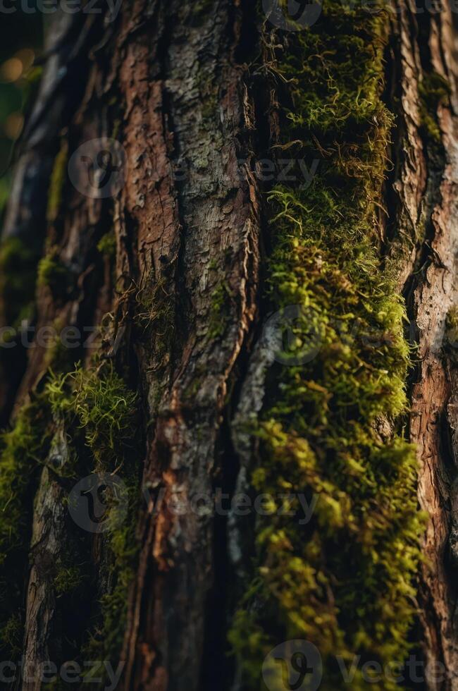 Close-up of a tree trunk covered in moss, showcasing natural textures and earthy tones. photo