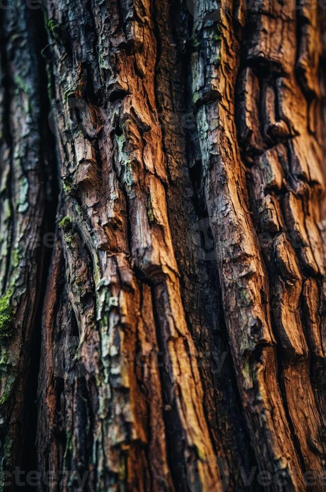 Close-up of textured tree bark showcasing natural patterns and colors. photo