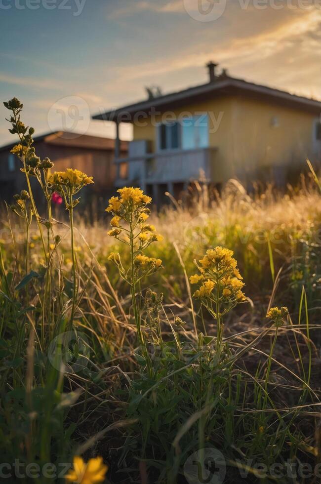 A serene landscape featuring yellow flowers in the foreground and a house in the background. photo