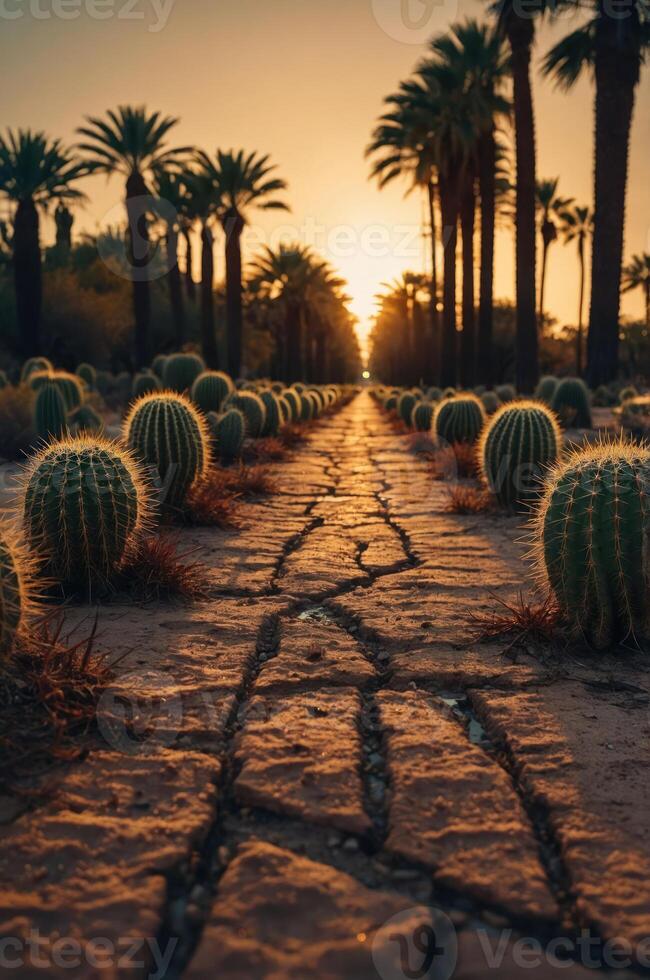 A serene pathway lined with cacti, leading towards a sunset among palm trees. photo