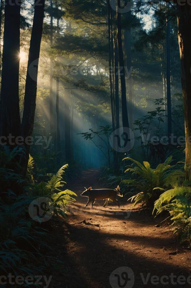 A serene forest scene with a dog walking along a sunlit path through the trees. photo