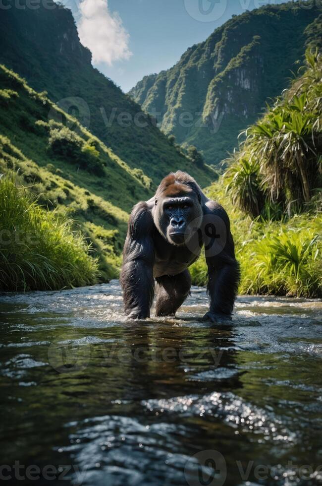 A powerful gorilla wades through a serene river in a lush mountainous landscape. photo