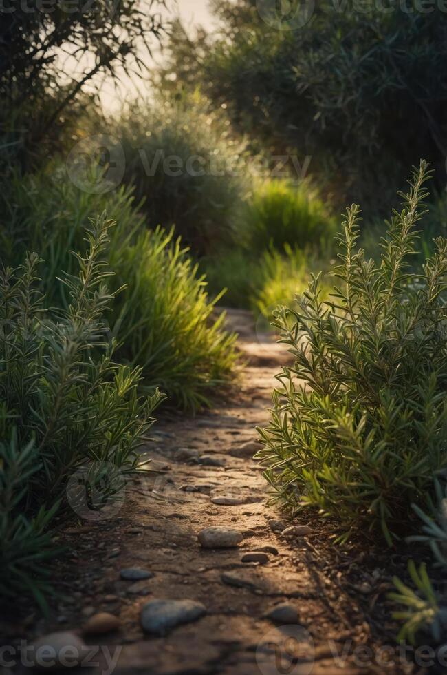 A serene pathway surrounded by lush greenery, inviting exploration and connection to nature. photo