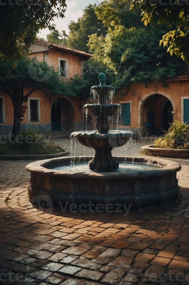 A serene courtyard featuring a three-tiered fountain surrounded by lush greenery and rustic buildings. photo
