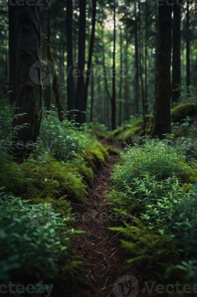 A tranquil forest path surrounded by lush greenery and soft light filtering through trees. photo