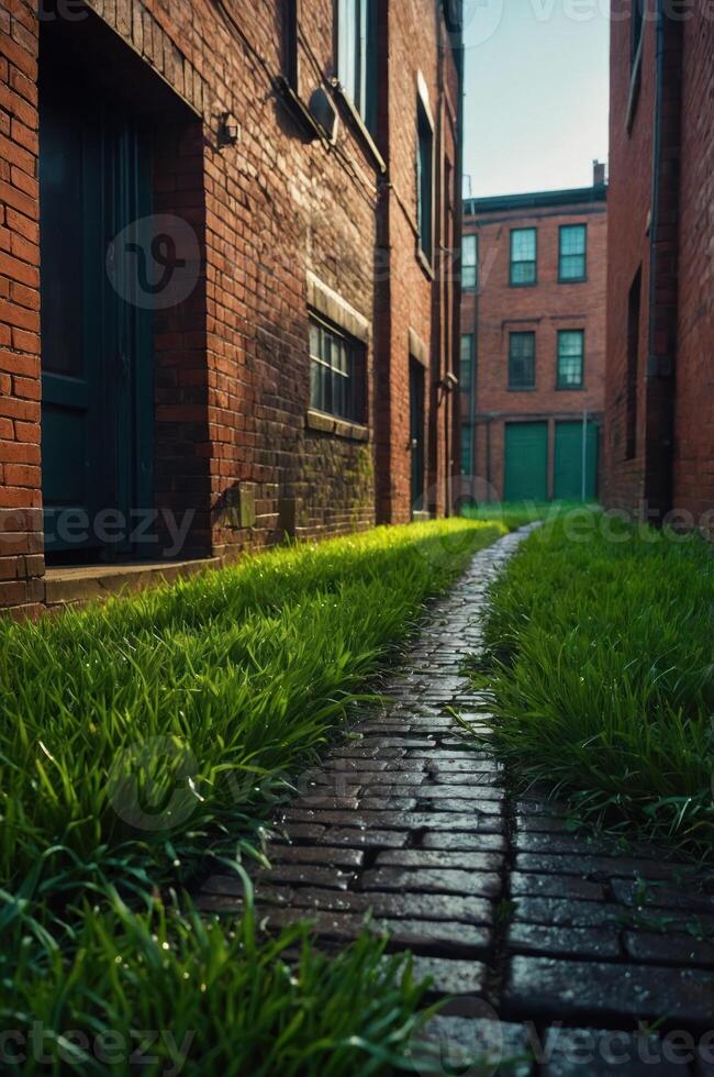 A narrow alleyway with brick walls and grass, illuminated by soft sunlight. photo