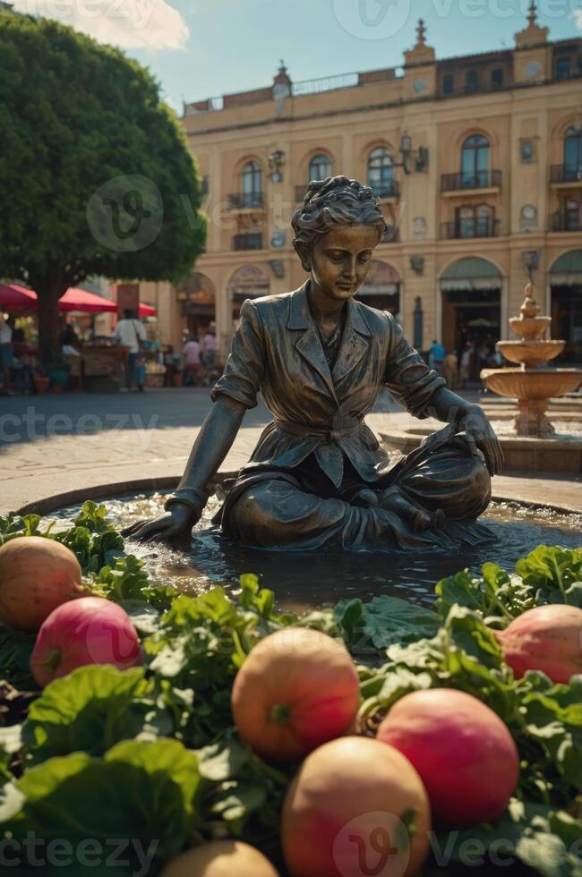 A serene bronze statue of a woman surrounded by fruits in a lively plaza. photo