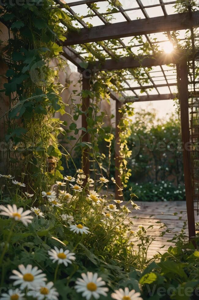 A sunlit garden path adorned with daisies and climbing vines under a trellis. photo