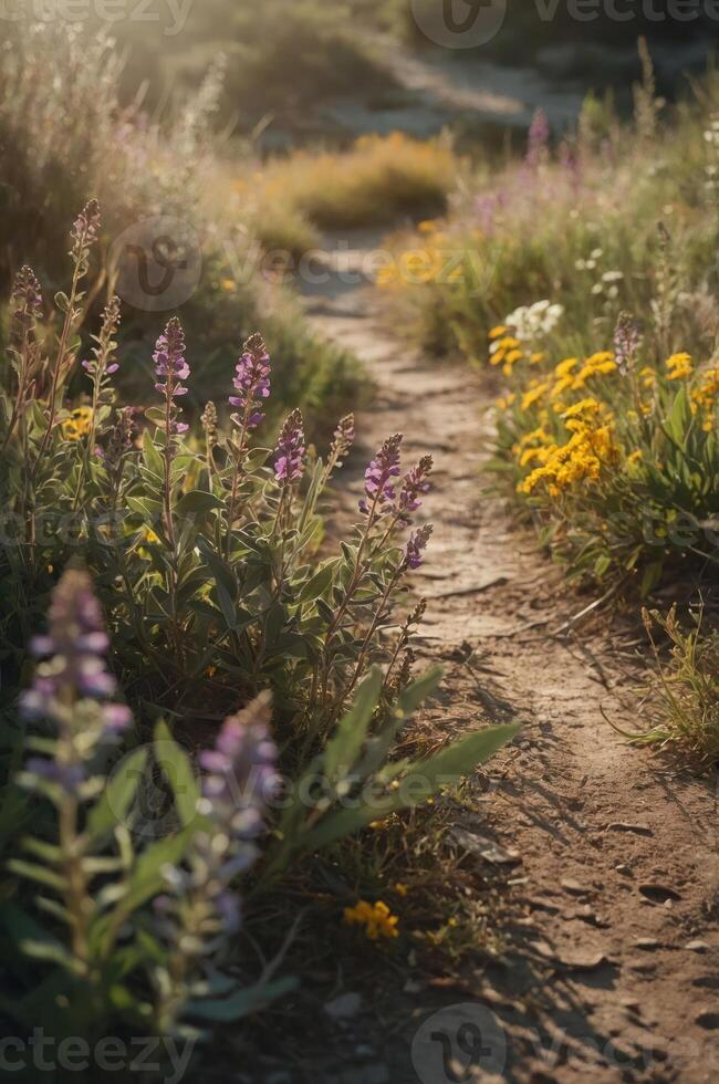 A serene pathway lined with colorful wildflowers in a natural setting. photo