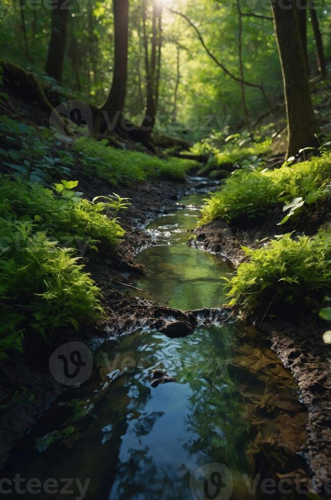 A serene forest stream surrounded by lush greenery and sunlight filtering through the trees. photo