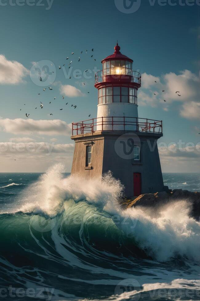 A lighthouse stands resilient against crashing waves, guiding ships with its beacon. photo