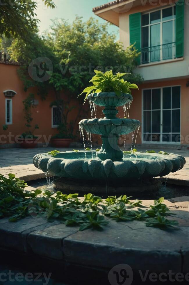 A serene garden fountain surrounded by lush greenery and a charming building in the background. photo