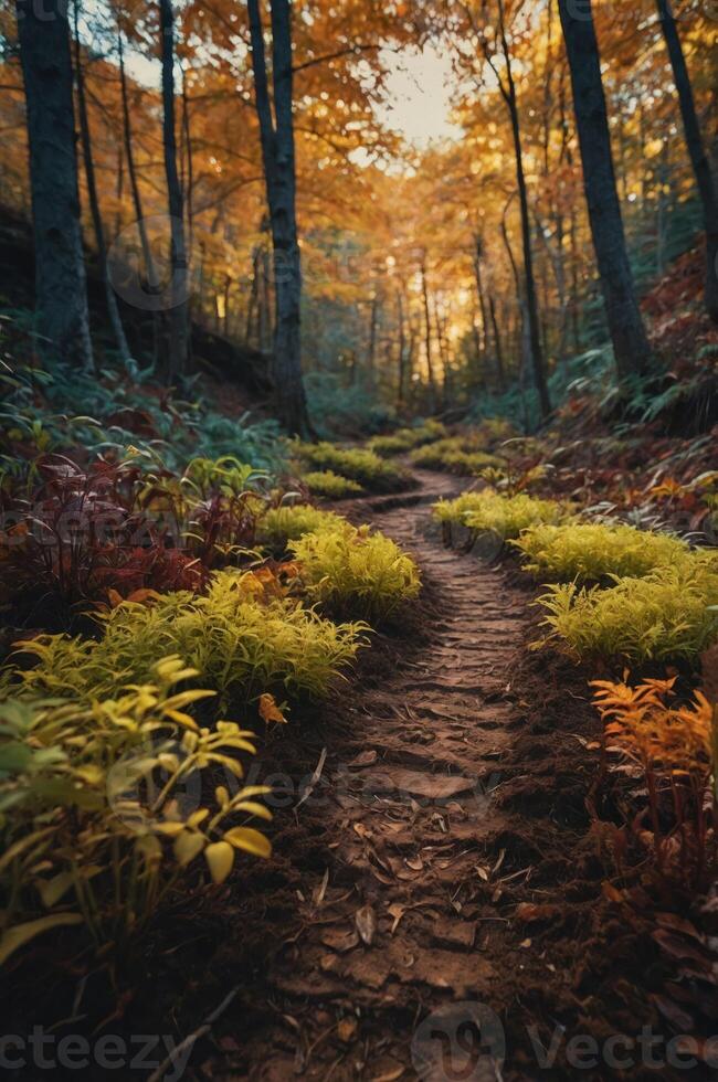 A serene forest path surrounded by vibrant autumn foliage and soft sunlight. photo