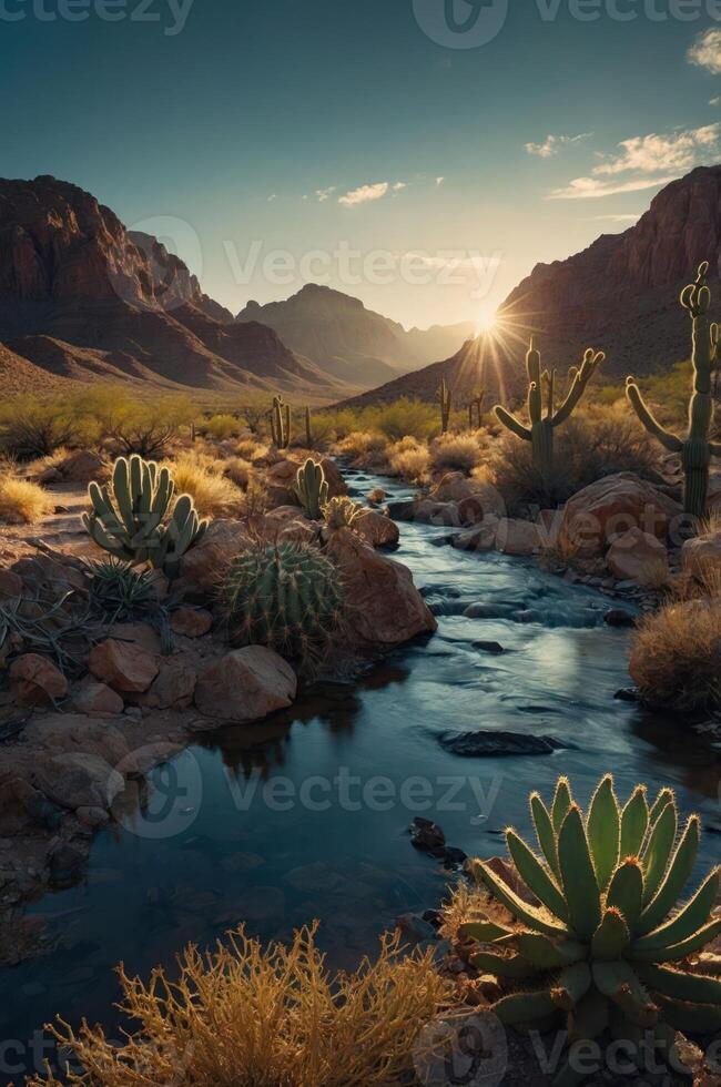 Serene desert landscape with mountains, cacti, and a flowing stream at sunset. photo