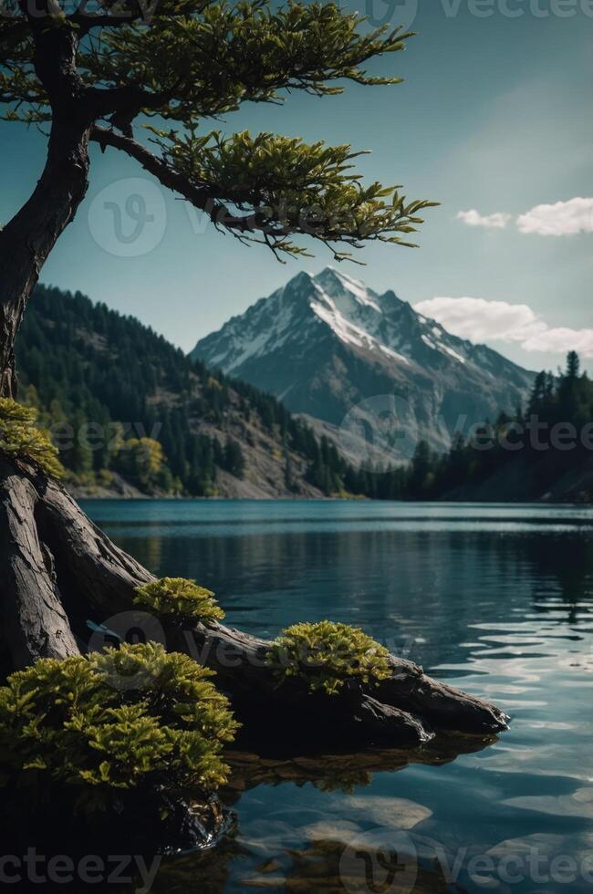 Serene mountain landscape with a calm lake and a tree in the foreground. photo
