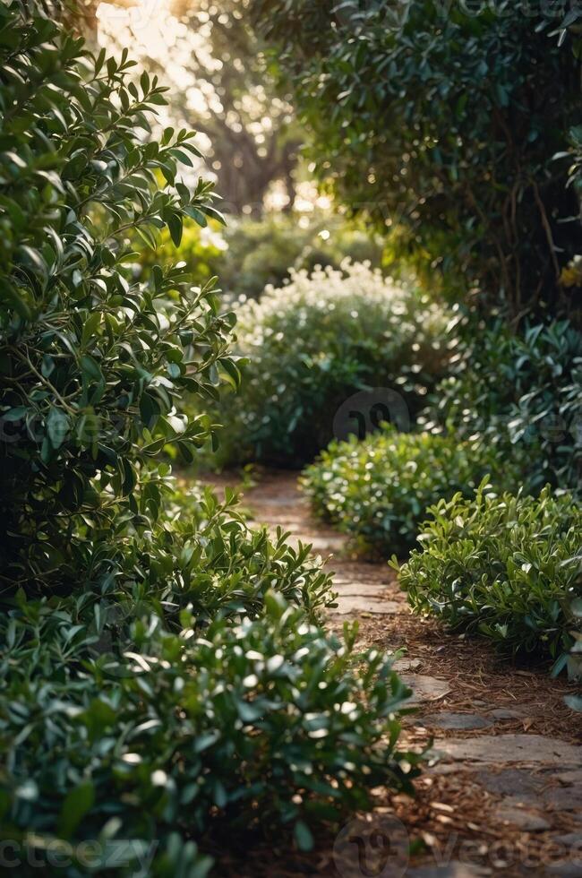 A serene pathway through lush greenery, inviting exploration and tranquility. photo