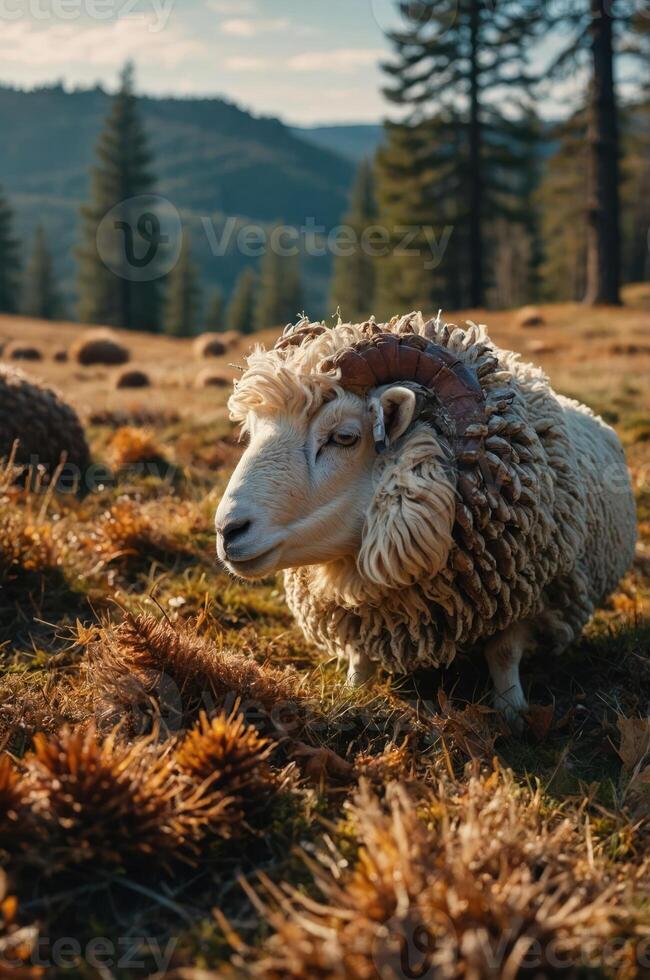 A sheep with curly wool grazing in a scenic, sunlit meadow surrounded by trees. photo