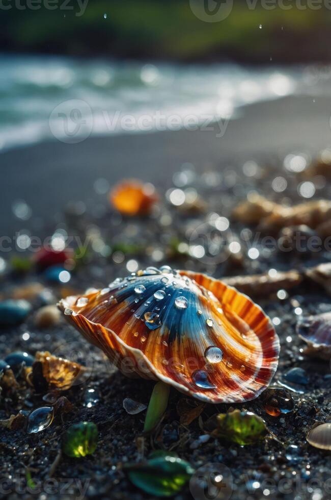 A colorful seashell adorned with water droplets on a sandy beach, capturing a serene moment. photo